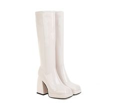 Type: Knee-High BootsGender: FemaleSeason: Demi-seasonStyle: Casual;Business;Cocktail;Evening;WeddingUpper Material: Faux leatherInner Material: TextilesSole Material: RubberHeel Type: Heel + platformCasual Footwear Features: Closed noseClosure Type: Without claspMain Pattern: plainToe: SquareHeel Height: approx. 10cmPlatform Height: approx. 2cmShaft Height: approx. 48cmCircumference: approx. 33cm(The measured data is Manufacturer's Size 36)Package Contents: 1 x Shoes (Pair)Please see our size g Summer Party High Heel Platform Boots, Summer Party Platform Boots With Round Toe, Fitted White Platform Boots For Fall, Trendy Summer Platform Party Boots, Trendy Summer Platform Boots For Party, Trendy Summer Party Platform Boots, Fitted Wedding Boots For Spring, Chic Wedding Boots For Spring, Chic Spring Wedding Boots