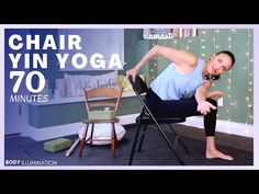 a woman is doing yoga on a chair with the words chair vin yoga 70 minutes