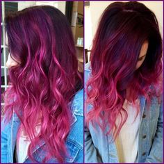 Red Violet And Pink Hair, Dark Purple To Pink Ombre Hair, Fuschia Ombre Hair, Red And Fuschia Hair, Dark Purple Pink Hair, Purple To Red Ombre Hair, Berry Colored Hair, Pink Hair With Purple Highlights, Purple To Pink Ombre Hair