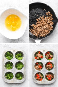 four images showing the steps to make meat and vegetables in muffin tins with eggs