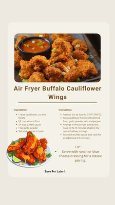 the flyer for an air fryer buffalo cauliflower wings