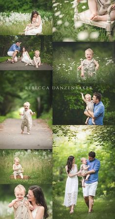 a collage of photos showing people and their babies in the grass with trees behind them