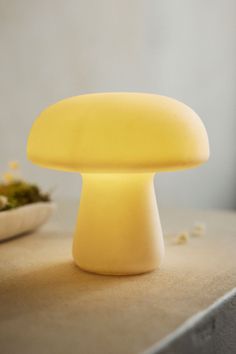 a yellow mushroom lamp sitting on top of a counter next to a bowl of food