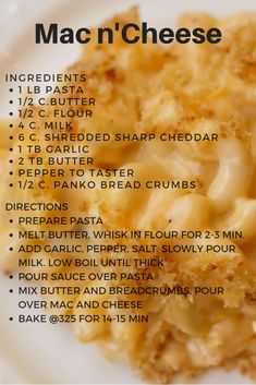 macaroni and cheese on a white plate with the recipe list below it,