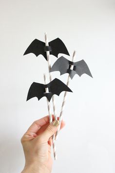 a hand holding four black and white bats on toothpicks in front of a white wall