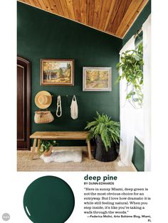 a room with green walls and wood ceilinging in the background is an advertisement for deep pine