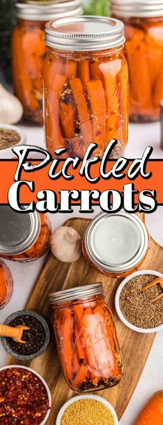 pickled carrots in jars and spices on a cutting board