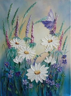 a painting of white daisies and purple flowers with a butterfly on the back ground