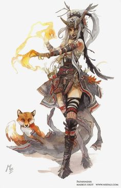 a drawing of a woman with horns and fire in her hands, standing next to a fox