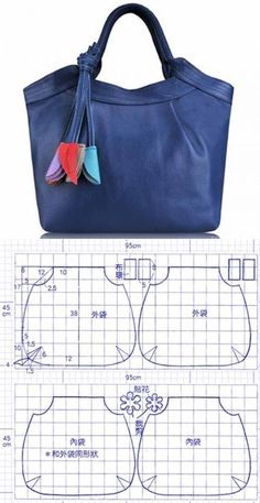 a blue purse is shown with the measurements for it