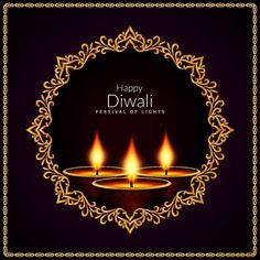 happy diwali festival with lit candles in the middle and ornate frame around it