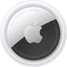 an apple logo on the side of a white and black button with words below it