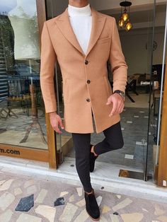 GentWith Enid Slim Fit Single Breasted Long Coat - Beige Interchangeable Wardrobe, Slim Fit Coat, Nba Fashion, Indian Men Fashion, Style Inspiration Casual, Beige Coat, Mens Trendy Outfits, Coat Men, Slim Fit Suits