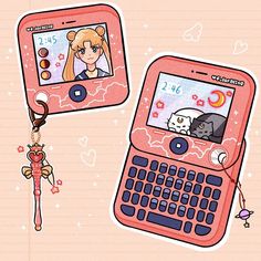 two pink cell phones with cartoon characters on them