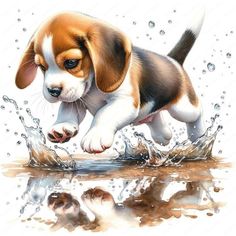 a painting of a puppy running through water