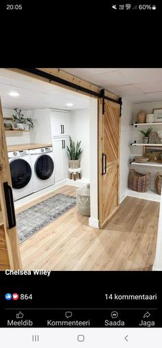 an image of a room with wooden floors and open closet doors in the center, while another photo is on the other side of the door