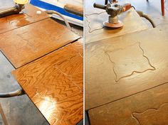 two pictures of a table being sanded and stained