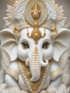 an intricately decorated white and gold elephant statue