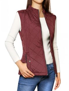 PRICES MAY VARY. Stand Collar, Zippered Pockets, Fully Lined, Zip Closed, Elasticized Armholes, Padded Gilet The fashion vest for women with fully lined inside which is designed to keep you stay in warm and comfy Occasion: Dating, Out Going, Casual, Travel, Home, Office, Vacation etc Machine Wash Inside Out Model Body Size: Height: 5ft 7inches, Chest: 35inches, Waist: 27inches, Hip: 37 1/2inches, model is wearing an X-Small This padded vest comes with a stand collar, front zipper closure and sla Fashion Vest, Padded Vest, Vest For Women, Womens Puffer Vest, High Neck Sweater, Vest Fashion, Vest Outfits, Woman Standing, Cotton Jacket