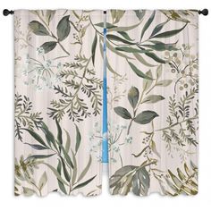 an open window curtain with green leaves and flowers on the outside, in front of a white background