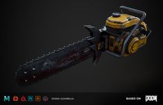 a yellow and black chainsaw on a black background