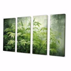 three paintings of green plants on a white wall with trees in the background and foggy sky