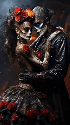 a couple dressed up as skeletons and roses