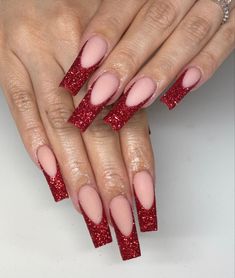 Medium Length Red Nails, Red Nails Medium, Sparkly Red French Tip Nails, Red Glitter Tips, Red Glitter French Tip Nails, Red Glitter French Tip, Pink Glitter French Tip Nails, Red Baddie Nails, Red Sparkle Nails