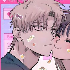 an anime couple kissing each other with stickers on their foreheads and nose piercings