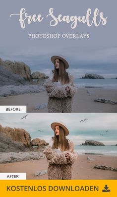 a woman in a hat standing on the beach with her arms crossed