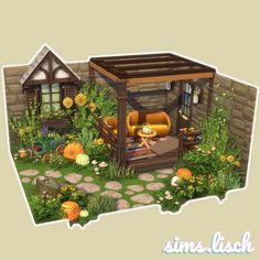 an animated image of a small house with flowers and plants around the front porch area