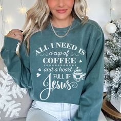 Start your day well with coffee and Jesus!Imagine an extremely warm, durable Christian sweatshirt that actually feels softer the more you wash it. Well, miracles happen and this is exactly what this sweatshirt is all about. It truly is the gift that keep on giving. "All I need is a cup of coffee and heart full of Jesus." Our Christian Clothing is a reminder of the values you hold dear and can inspire others to reflect on their own Christian beliefs in Jesus and their spirituality. Your shirt bec Inspirational Slogan Sweatshirt For Fall, Inspirational Winter Sweatshirt With Relaxed Fit, Inspirational Relaxed Fit Sweatshirt For Winter, Inspirational Letter Print Sweatshirt For Winter, Inspirational Long Sleeve Sweatshirt With Letter Print, Inspirational Long Sleeve Letter Print Sweatshirt, Inspirational Letter Print Long Sleeve Sweatshirt, Coffee And Jesus, Christian Crewneck