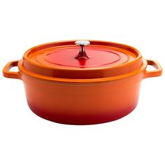 an orange casserole dish with a lid and handle on the bottom, sitting in front of a white background