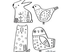 three hand drawn birds and two rabbits