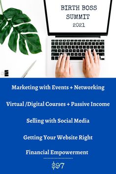 a person typing on a laptop with the words, marketing with events and networking virtual / digital courses passive