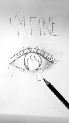 a pencil drawing of an eye with the words i'm fine written on it