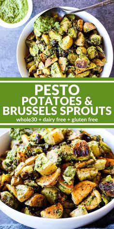 pesto potatoes and brussel sprouts in bowls