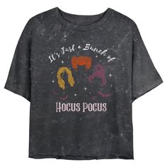 If you're looking for a little hocus pocus this Halloween, then look no further than this officially licensed Disney Hocus Pocus A Bunch of Magical Witches Juniors' Graphic Mineral Wash Crop T-Shirt. You can light the Black Flame candle to awaken the Sanderson witches this Halloween, or you could just celebrate the holiday with this festive Hocus Pocus style instead! Your favorite three witches including Sarah, Mary, and Winifred are framed by cats and the distressed text "It's Just a Bunch of H The Black Flame Candle, Hocus Pocus Shirt, Black Flame Candle, Three Witches, Flame Candle, Black Flame, Tie Dye Crop Top, Crop Top Tees, Crop T Shirt