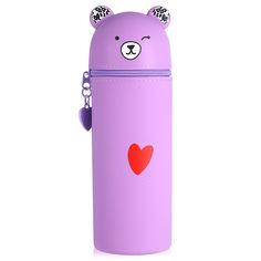 a purple bear shaped bottle with a red heart on it's face and ears