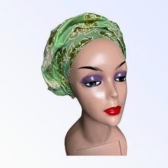 This beautiful headscarf is made from  Damask Brrocade. Suitable for all season.  Great for Wedding parties, church and other special occasions Style - Pre-styled  Auto Gele Headscarf  Ready to wear. This fashion turban is designed with comfort and style in mind, it is easy to wear, no tying involved, wear on your head like a hat and you are ready to go. This Auto Gele Head tie is versatile, and it compliments every outfit.  Care: Dry clean  Ready to wear No tying, No pining, No hassle  Size - O Traditional Headscarf As Headband, Traditional Headwrap For Party, Traditional Party Headwrap Headband, Green Adjustable Headwrap For Party, One Size Party Headscarf Headband, One Size Party Headband Headscarf, Elegant Headwrap Headband For Gift, Traditional Party Headwrap, Elegant Headband Style Bandana