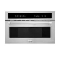 a stainless steel built in microwave oven with the door open and electronic controls on it