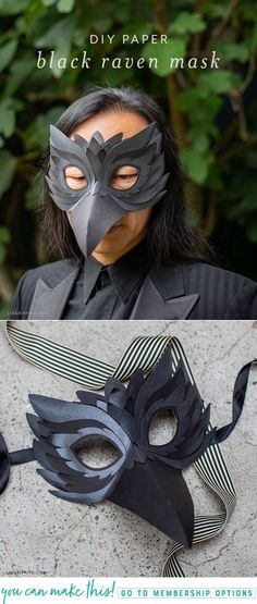 two different masks with the words diy paper black raven mask