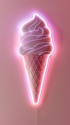 an ice cream cone is lit up in the shape of a neon sign on a pink background