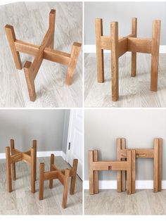 four different views of the same wooden chair and table made out of pieces of wood