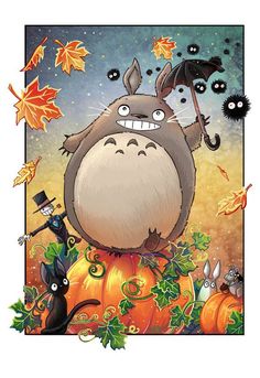 an image of a cartoon character on top of a pumpkin with cats and bats around it