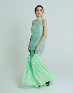 A body hugging maxi dress with an open back, made from mint green, see-through cotton crochet with a green flowing chiffon hem. Classic cut with an edge, finished with beautiful detailing and adjustable strings. Take it to the beach, take it to a wedding , take it to a beach wedding. it works. Crochet Prom Dresses, Green On Green, Cotton Crochet, Crochet Dress, Crochet Clothes, Mermaid Formal Dress, Green Dress, Beach Wedding, Mint Green