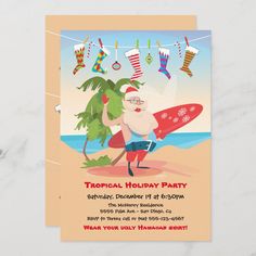 a holiday party card with santa clause holding a surfboard and christmas stockings hanging from the tree