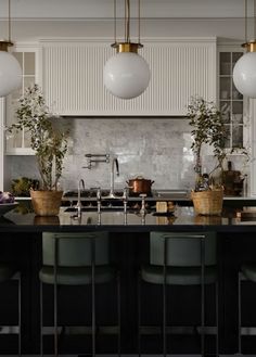 a kitchen with two lights hanging from the ceiling and several potted plants on the counter