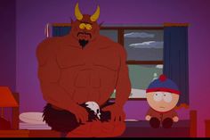 an animated image of a man with horns on his head standing next to a cartoon character