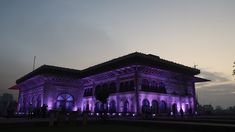 an old building lit up with purple lights and people standing in front of it at night